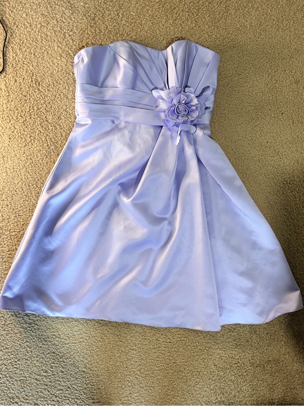 Alexia Designs Strapless Lilac Satin Flower-Appliqué Dress